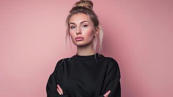 ai generado un mujer con rubio pelo estilizado en un casual bollo, sin esfuerzo exhibiendo un llanura negro Cuello redondo camisa de entrenamiento con No arrugas, su comportamiento exudando confianza como ella lleva un enrollada foto