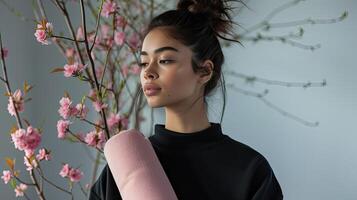 ai generado un mujer con rubio pelo estilizado en un casual bollo, sin esfuerzo exhibiendo un llanura negro Cuello redondo camisa de entrenamiento con No arrugas, su comportamiento exudando confianza como ella lleva un enrollada rosado foto