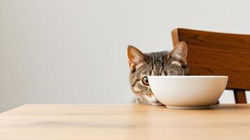 AI generated a cat its head out from under the table, drawn by the aroma of wet cat food in a bowl placed on the table, against a  white background, showcasing the irresistible allure of dining photo