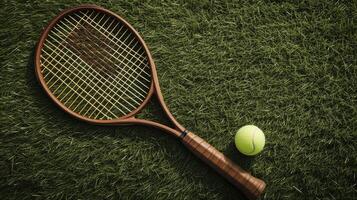 ai generado un de madera tenis raqueta y pelota metido en un césped tenis corte, ejecutado en un minimalista estilo, capturar el esencia de el deporte con sencillez y elegancia. foto