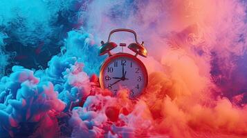 AI generated a clock rings loudly, its vibrant colors blending with bright colored smoke, creating a visually striking scene of alertness and heightened awareness. photo