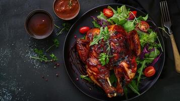 AI generated a half-smoked chicken adorned with barbecue sauce, served alongside a fresh salad and flavorful sauce, the succulent texture and appetizing presentation of delicious meal. photo