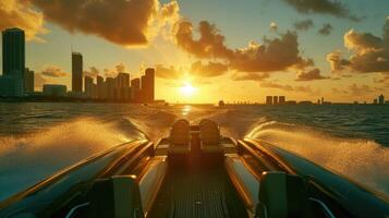 AI generated speedboating through with a realistic close-up shot from the back seat of a speedboat, showcasing the mesmerizing ocean vista during the golden hour, enhanced by captivating shadow play. photo