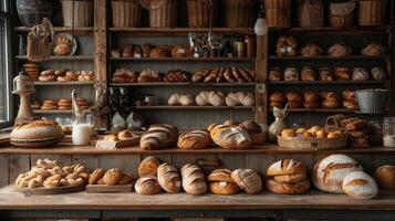 AI generated a quaint bakery, where artisanal bread varieties are artfully arranged on a rustic wooden counter, tempting passersby with their delicious aroma. photo