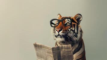 ai generado Tigre vistiendo negro lentes como eso se involucra en el Actuar de leyendo un periódico en contra un sereno, de color claro fondo foto