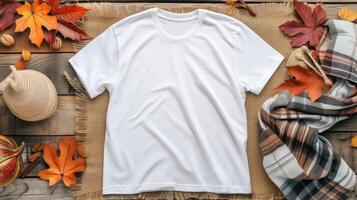 AI generated a white t-shirt mockup with a blank shirt template photo, featuring stylish fall accessories against a rustic burlap background for a trendy and seasonal aesthetic. photo