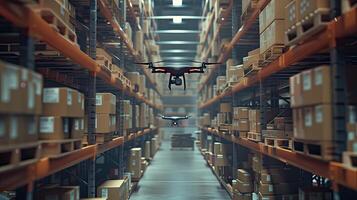 AI generated drones hovering over aisles in a warehouse, diligently scanning barcodes for precise inventory management, showcasing the seamless integration of technology into the supply chain. photo