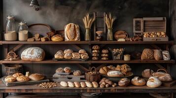 AI generated a quaint bakery, where artisanal bread varieties are artfully arranged on a rustic wooden counter, tempting passersby with their delicious aroma. photo