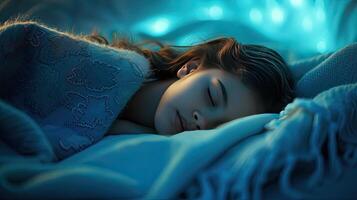 AI generated a little girl as she sleeps soundly in bed, nestled under a plush, soft, textured blanket that envelops her in warmth and comfort, creating a serene and cozy atmosphere. photo