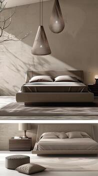AI generated a contemporary bedroom with a neutral palette, featuring a stylish platform bed bathed in soft ambient lighting, and adorned with decor to create a tranquil retreat for rest. photo