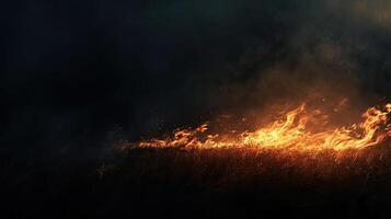 AI generated a blazing fire against a dark black background, evoking a primal sense of comfort and intrigue amidst the shadows. photo