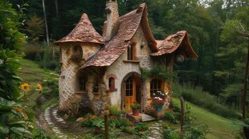 AI generated a small house cleverly designed to resemble a castle, nestled amidst rolling hills and surrounded by whimsical gardens, invoking a sense of fairy-tale charm. photo