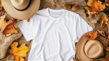 AI generated a white t-shirt mockup with a blank shirt template photo, featuring stylish fall accessories against a rustic burlap background for a trendy and seasonal aesthetic. photo