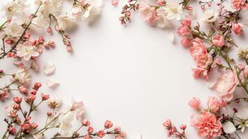 AI generated a floral wreath delicately arranged on a light background, with ample free space for text, perfect for wedding invitations, greeting cards, or announcements, exuding beauty photo