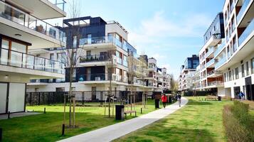 Modern apartment buildings on a sunny day with a blue sky. Facade of a modern apartment building. Glass surface with sunlight. photo