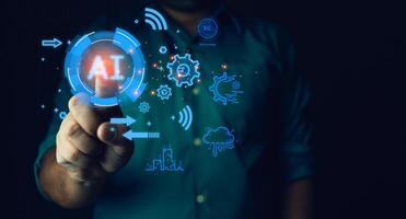 Hands touching hud hologram with AI icons, online communication and virtual world. Concept of artificial intelligence photo