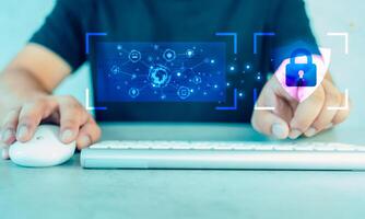 Man select the icon security on the virtual display. Cyber security data protection photo