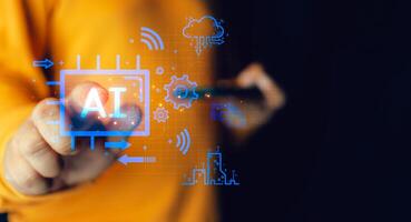 Man touch virtual artificial intelligence network icons. AI Artificial intelligence concept photo