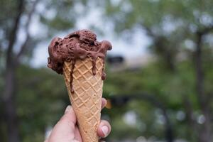 Close up chocolate ice cream cone photo