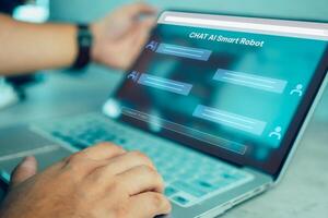 Man using computer for artificial intelligence by enter command prompt for generates something. photo
