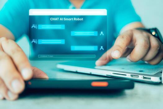 Person chatting with a smart AI using an artificial intelligence chatbot developed by OpenAI. photo