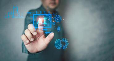 Hands touching HUD hologram with Ai icons, touch digital screen of AI icon artificial intelligence photo