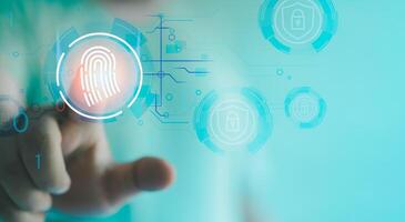 Digital fingerprint verification. Man touching digital scanning fingermark for authorization access data photo