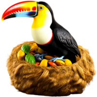 AI generated Cute cartoon toucan bird sitting in nest. png