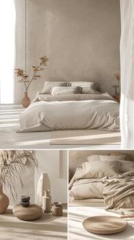 AI generated a contemporary bedroom with a neutral palette, featuring a stylish platform bed bathed in soft ambient lighting, and adorned with decor to create a tranquil retreat for rest. photo