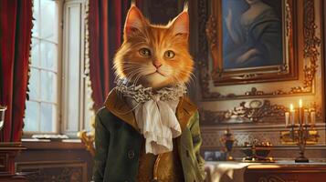 AI generated an animated kitten exuding sophistication in its attire, portrayed in hyper-realistic detail photo