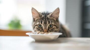 AI generated a cat its head out from under the table, drawn by the aroma of wet cat food in a bowl placed on the table, against a  white background, showcasing the irresistible allure of dining photo