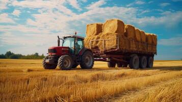 ai generado un granjero operando un tractor a carga redondo heno fardos sobre un remolque, exhibiendo el agrícola proceso de cosecha y transportar Paja fardos con auténtico realismo y detalle. foto