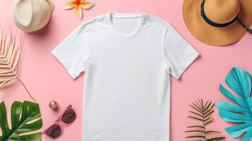 ai generado un blanco camiseta Bosquejo presentando un blanco camisa plantilla, adornado con vibrante primavera accesorios en contra un suave pastel fondo, Perfecto para transporte un Fresco y estacional estilo. foto