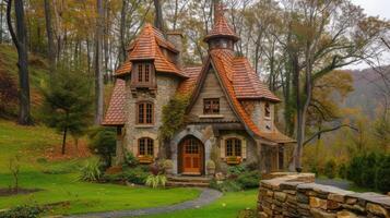 ai generado un pequeño casa hábilmente diseñado a asemejarse a un castillo, anidado en medio de laminación colinas y rodeado por caprichoso jardines, invocando un sentido de cuento de hadas encanto. foto