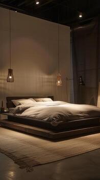 AI generated a contemporary bedroom with a neutral palette, featuring a stylish platform bed bathed in soft ambient lighting, and adorned with decor to create a tranquil retreat for rest. photo