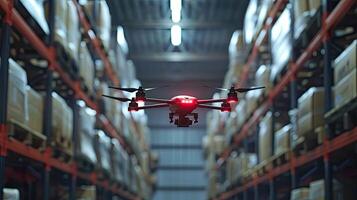 AI generated drones hovering over aisles in a warehouse, diligently scanning barcodes for precise inventory management, showcasing the seamless integration of technology into the supply chain. photo