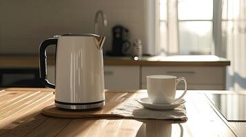 AI generated a modern electric kettle sitting beside a cup on a wooden table in a light-filled, minimalist kitchen, portraying the marriage of style and utility in contemporary home appliances. photo