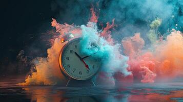 AI generated a clock rings loudly, its vibrant colors blending with bright colored smoke, creating a visually striking scene of alertness and heightened awareness. photo