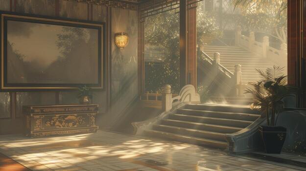 AI generated a Zen-style living space with stairs, an oil painting in a wooden frame, in light gray and amber tones, while a mural with a translucent overlay adds depth and tranquility to the space photo