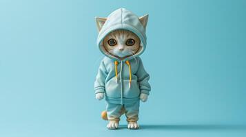 AI generated a cute little cat donning a hoodie, captured in a standing posture against a solid light background, showcasing super-detailed craftsmanship from a main view. photo