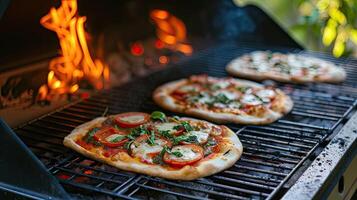 ai generado un pulcro webber parrilla chisporrotea con el aroma de Pizza siendo expertamente cocido en un pintoresco parque configuración, evocando el ambiente de al aire libre culinario deleite y camaradería. foto