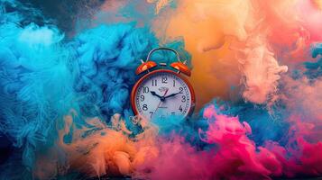 AI generated a clock rings loudly, its vibrant colors blending with bright colored smoke, creating a visually striking scene of alertness and heightened awareness. photo