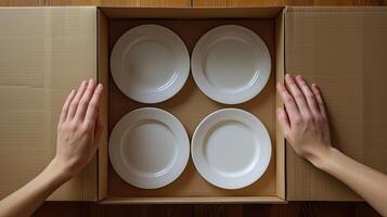 AI generated hands carefully stacking plates into a cardboard moving box, illustrating the meticulous process of packing and securing fragile items for relocation. photo