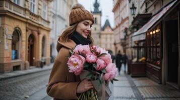 AI generated a 35-year-old woman, her face illuminated by a bright smile as she gracefully holds a large bouquet of peonies, her tall stature and elegant coat adding to the allure of the scene. photo