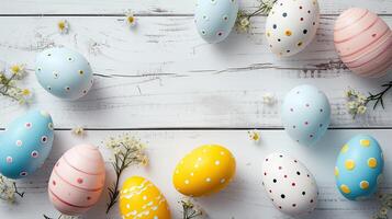 AI generated a charming Easter scene with painted eggs arranged on a white wooden table, featuring minimal detail and plenty of copy space, perfect for conveying warm wishes and joy on Easter day. photo
