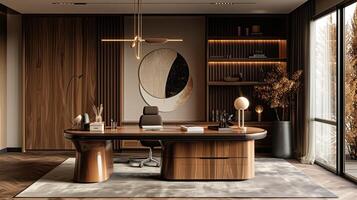 AI generated a sleek wooden home office, where functionality seamlessly intertwines with refined aesthetics, highlighting an expansive desk crafted from polished, natural wood as the centerpiece. photo