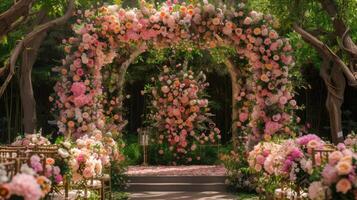 AI generated a romantic wedding stage adorned with delicate flowers, emanating an atmosphere of love and enchantment as couples exchange vows in a breathtaking setting. photo