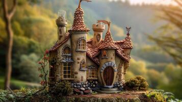 AI generated a small house cleverly designed to resemble a castle, nestled amidst rolling hills and surrounded by whimsical gardens, invoking a sense of fairy-tale charm. photo