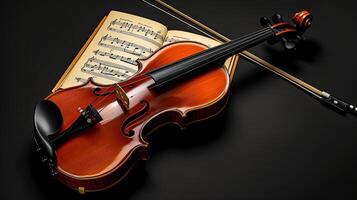 AI generated a violin accompanied by its bow and sheet music, elegantly poised on a black background, with clean lines and natural shadows enhancing its ultra-detailed craftsmanship. photo