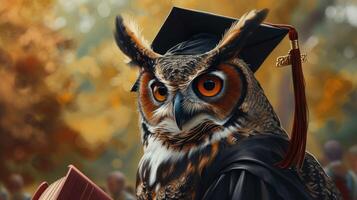 AI generated a majestic owl adorned in a graduation gown and mortarboard, exuding scholarly elegance and poise as it partakes in a solemn university ceremony. photo